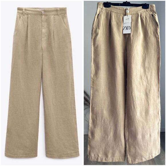 ZARA WIDE LEG LINEN PANTS LIGHT KHAKI - Picture 1 of 4